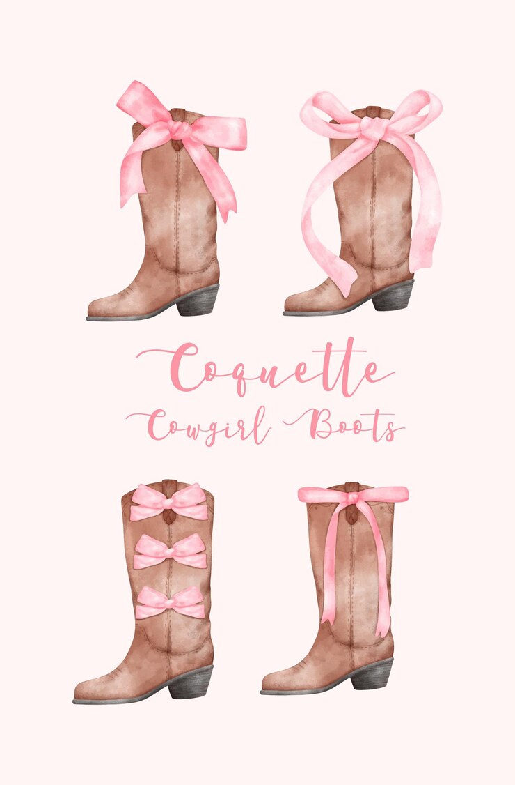 Vetor coquette cowgirl botas com fita rosa bow aquarela conjunto retro estética ilustração bandeira