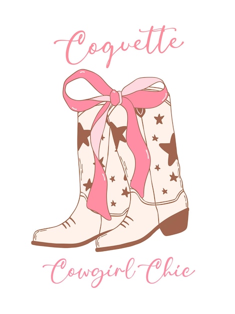 Coquette cowgirl botas groovy com fita rosa bow doodle desenhado à mão