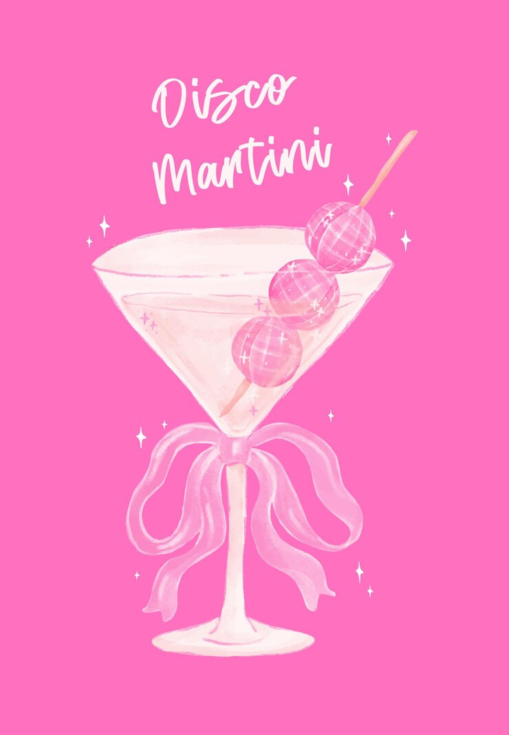Vetor coquette disco bal martini vidro com fita rosa bow aquarela