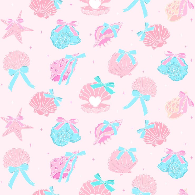 Vetor coquette retrô de verão, conchas sem costura com arco em vibração de praia pastel para tecido de menina bonito e design de superfície digital