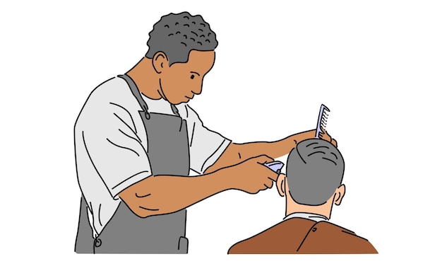 cor de arte de linha de cabeleireiro servindo cliente em barbearia ilustração vetorial.