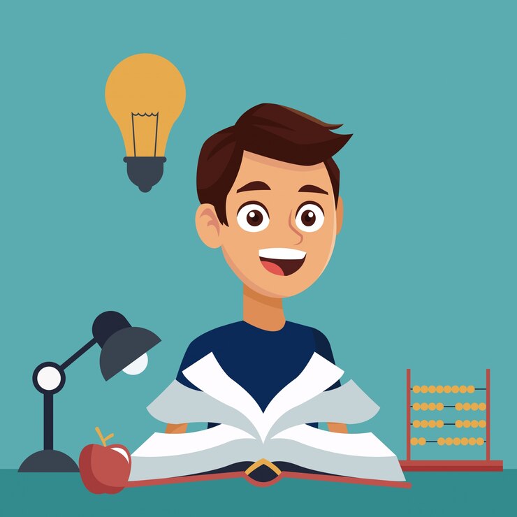 Vetor cor de fundo com menino estudante com livro aprendendo com elementos escola
