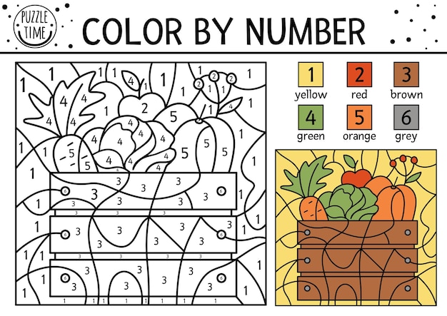 Cor de outono vetorial por atividade numérica com colheita em caixa de madeira dia de ação de graças de outono ou jogo de colorir e contar com legumes página de coloração engraçada para crianças xa