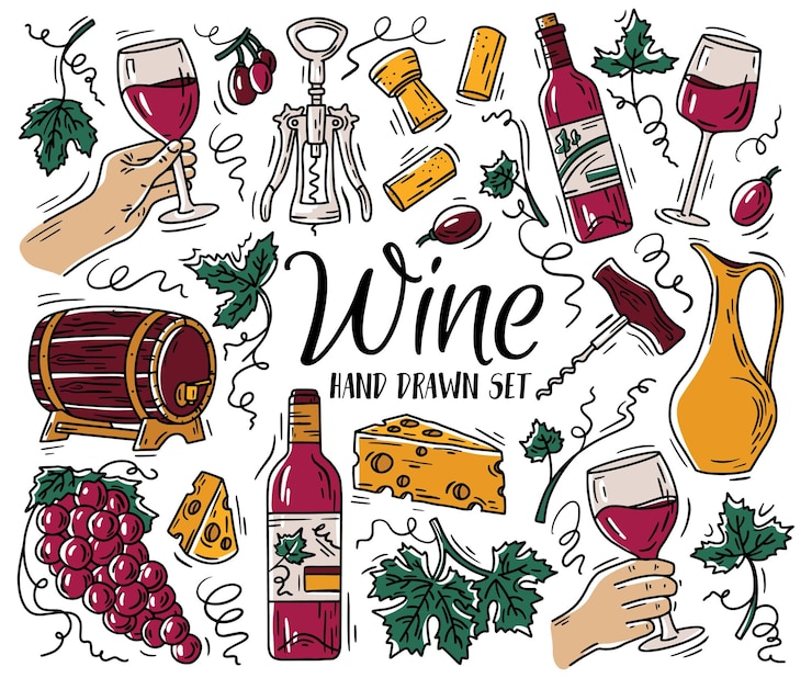 Vetor cor definida com vinho e queijo no estilo de desenho de doodle