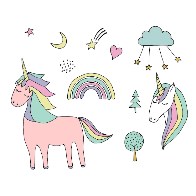 Cor do doodle do conjunto de arco-íris de unicórnio