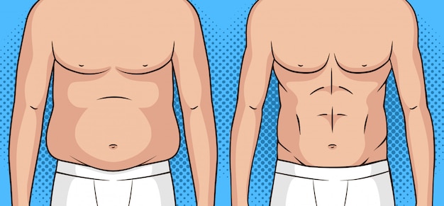 Vetor cor ilustração estilo pop art de um homem antes e depois da perda de peso.