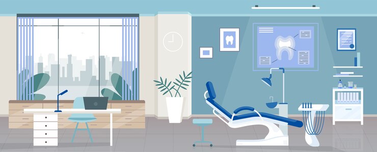 Vetor cor lisa do quarto odontológico. clínica de estomatologia, design de interiores 2d dos desenhos animados do consultório dentista com aparelhos ortodônticos no fundo. hospital odontológico, decoração de local de trabalho estomatologista