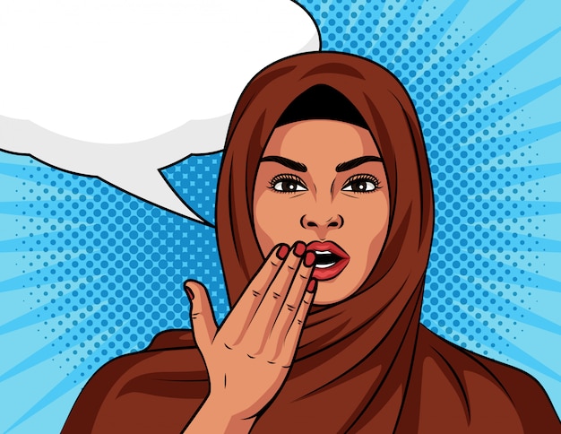 Cor na garota em quadrinhos de estilo árabe pop art surpresa. Mulher bonita em um xale islâmico tradicional na cabeça em choque. Mulher muçulmana com um rosto de expressão espantado sobre fundo de meio-tom