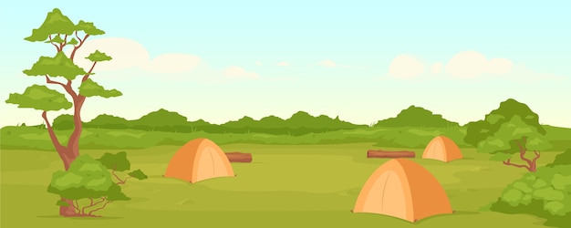 Cor plana de acampamento. recreação na natureza. lazer ativo de verão. viagem de mochila. paisagem dos desenhos animados 2d do acampamento com vale verde e floresta no fundo