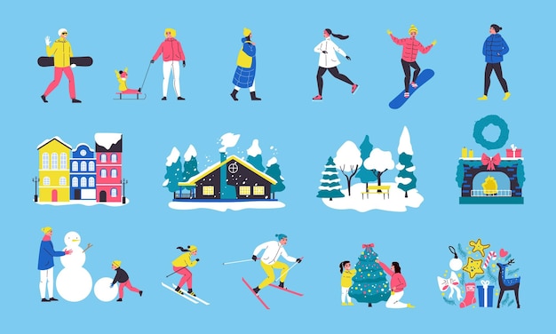 Cor plana de atividade de inverno definida com adultos e crianças esquiando patinando fazendo ilustração vetorial isolada de boneco de neve