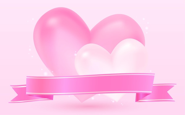 Coração 3d do dia dos namorados e etiqueta de fita rosa