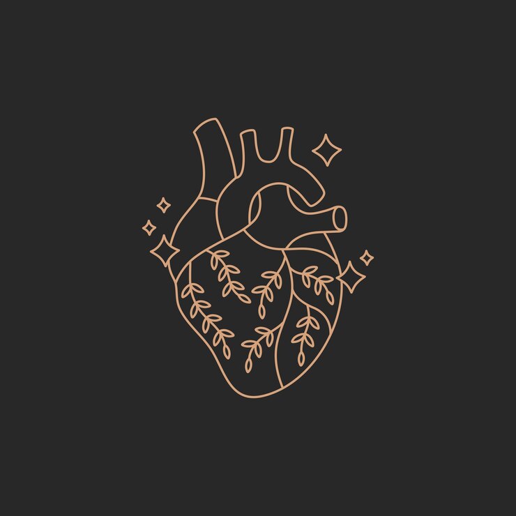 Coração anatômico real com linha de contorno simples de ouro de flores em estilo boho em fundo preto símbolo mágico de vetor moderno na moda desenhada e elemento de design místico doodle ilustração de forma plana