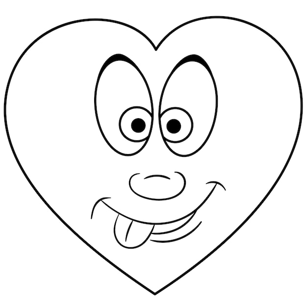 Vetor coração bonito dos desenhos animados com cara de emoji engraçado. desenho infantil para colorir.