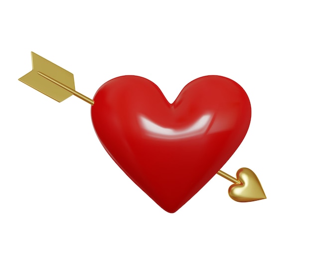 Coração brilhante vermelho 3D com flecha dourada Símbolo de amor Cartão de Dia dos Namorados 3D realista isolado em fundo branco Ilustração vetorial