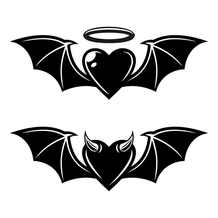 Vetor coração com asas de morcego estilos angelicais e demoníacos vector ilustração de tatuagem preta isolada em fundo branco