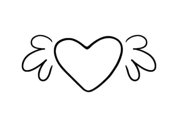 Coração com símbolo de asas de amor rabisca livro de colorir linear de desenho animado