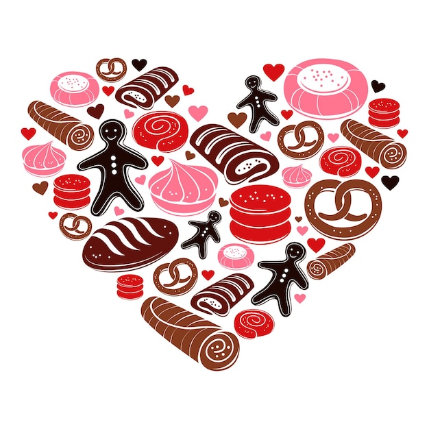 Coração de doce. conjunto de ícones de confeitaria doce