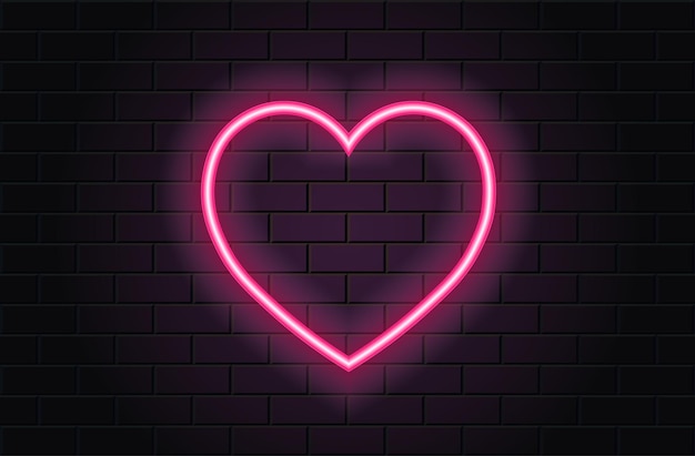 Coração de néon rosa para dia dos namorados em fundo preto brickwall. logo neon