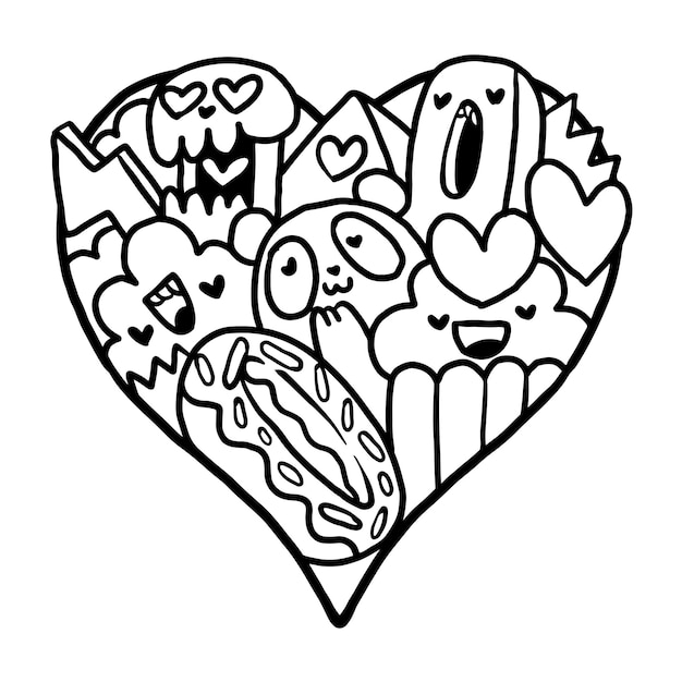 Vetor coração doodle cute valentine página para colorir