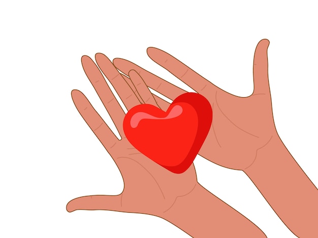 Coração na mão. mão humana segurando coração vermelho isolado no fundo branco. as mãos do vetor doam o coração