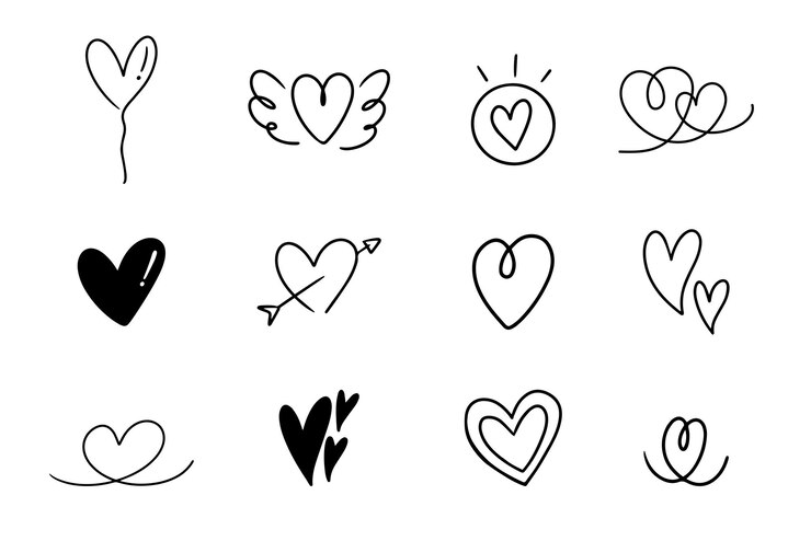 Vetor coração ou amor doodle desenho animado desenhado à mão com linha preta para ilustração de elementos e valentine