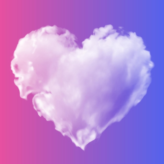 Vetor coração transparente branco feito de nuvens em um fundo azul-rosa.