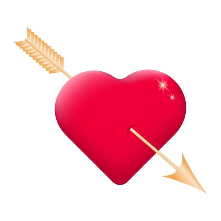 Vetor coração vermelho 3d perfurado pela flecha dourada do cupido. conceito de símbolo de amor. coração com uma flecha em um branco.