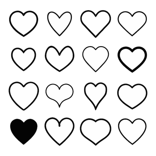 Corações de amor desenhados à mão vetores de conjunto de forma e vetores de coleção de corações únicos e simples isolados
