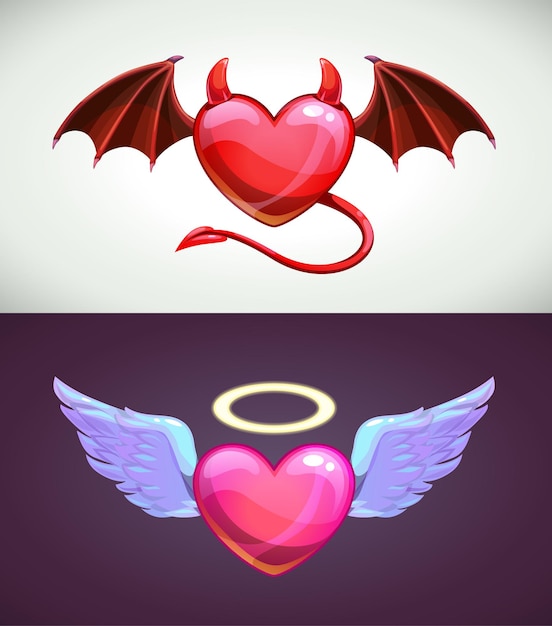 Corações de anjo e diabo ilustração vetorial de ícones de conceito de amor