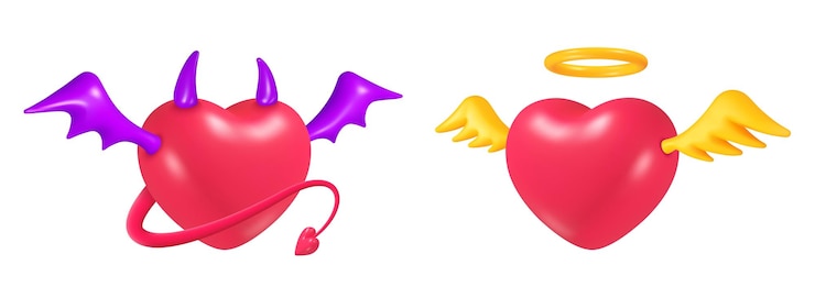 Vetor corações de diabo de anjo coração 3d com demônio ou deus elementos mal bom conceito mau amor chifres asas cauda religião halo par romântico símbolo vermelho ilustração vetorial realista atual