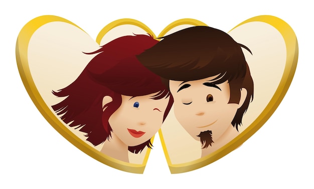 Vetor corações dourados com jovem casal de homem barbudo e mulher ruiva celebrando seu amor