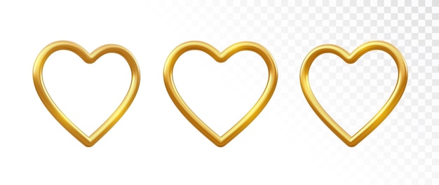Vetor corações dourados. conjunto de coração de ouro metálico brilhante realista 3d decorativo em fundo transparente. decoração de luxo ouro dia dos namorados. ilustração vetorial.