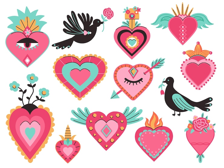 Vetor corações mexicanos tradicionais retro méxico coração sagrado com deuses olhos flores e asas modelo de tatuagem de sacramento brilhante remendo de amor decente design vetorial ilustração de coração mexicano