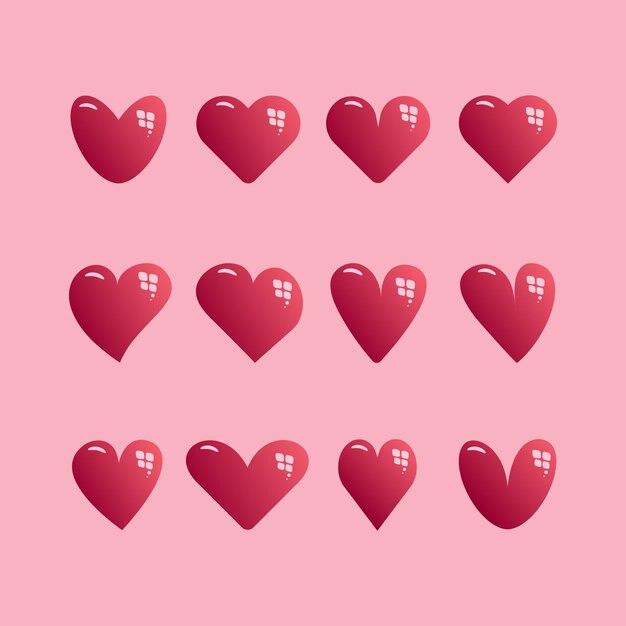 Corações vermelhos fofos para o dia dos namorados Corações vermelhos românticos de diferentes formas isoladas em rosa