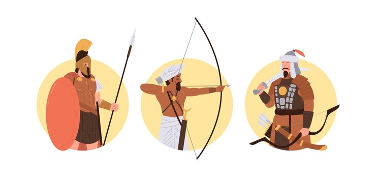 Vetor corajoso antigo grego indiano e mongol guerreiro personagens de desenhos animados composição redonda conjunto isolado