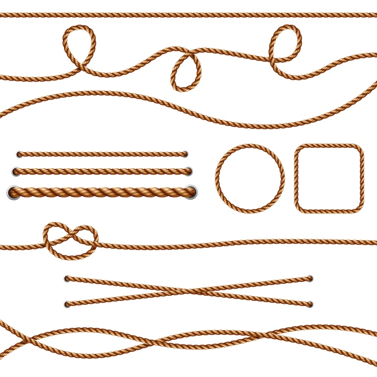 Vetor cordas de fibra. cordas de fios realistas marrons retos cruzando fotos de nós marinhos. cordão e nó marrons de ilustração, fibra de corda isolada