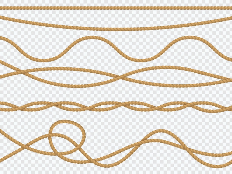 Vetor cordas de fibra realistas. corda curva cabo náutico laço marinho beira marinha fio de juta marrom natural amarrado packthread. decoração