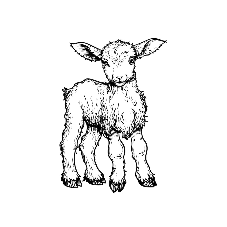 Cordeiro desenhado à mão, ovelha de pé, estilo esboço, animal doméstico de fazenda