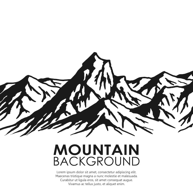 Cordilheira isolada no fundo branco montanhas enormes em preto e branco ilustração vetorial com copyspace