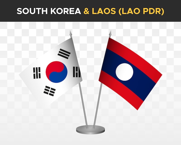 Coreia do sul vs laos lao pdr maquete de bandeiras de mesa isoladas bandeiras de mesa de ilustração vetorial 3d