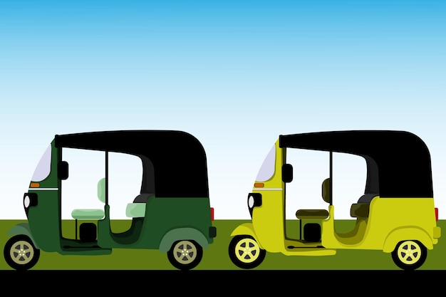 Vetor cores amarelas e verdes táxi tuk tuk no sri lankan use bajaj feito na índia vista lateral de três rodas