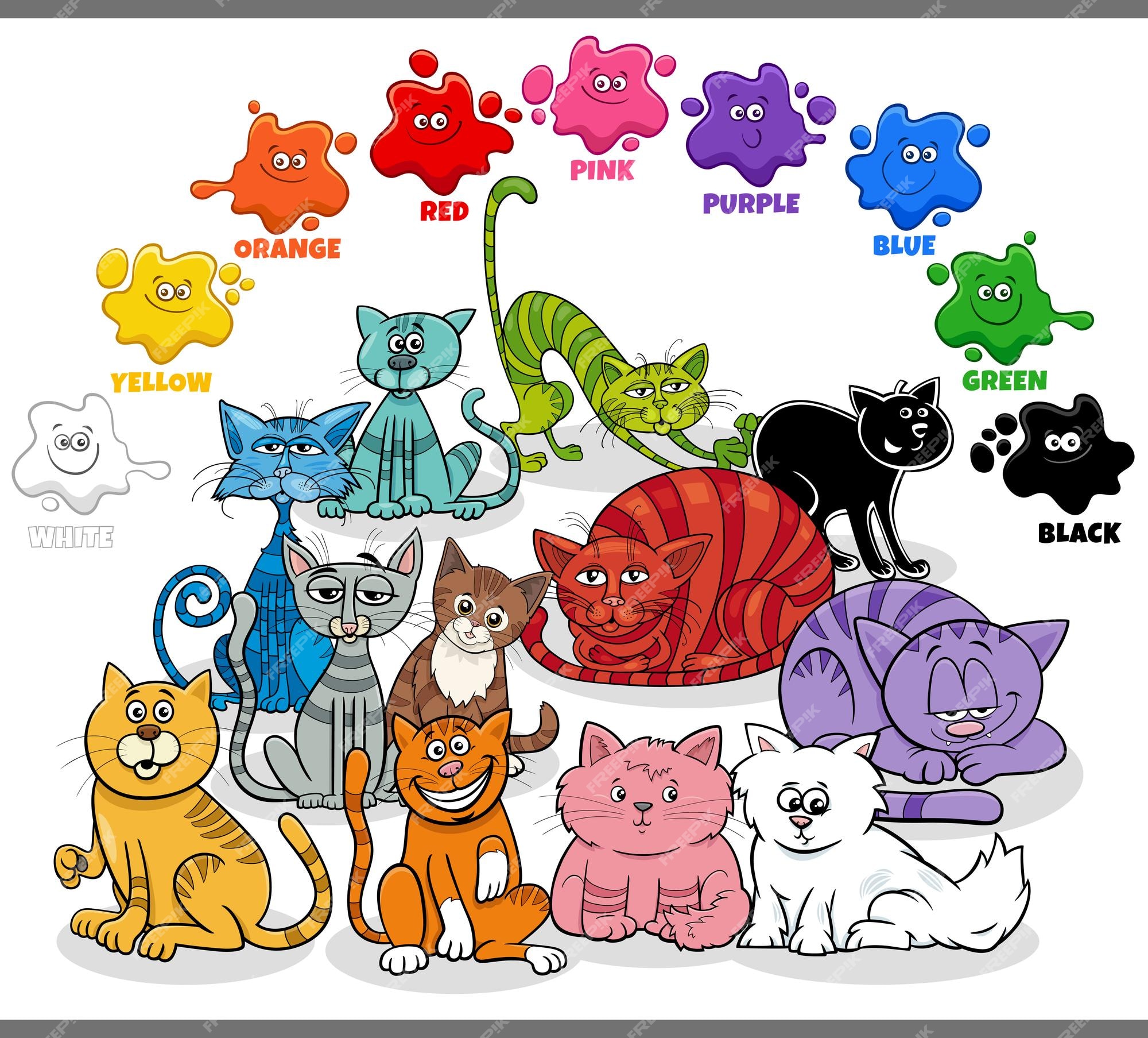 Grupo de gatos bonitos com cores diferentes do vetor dos desenhos animados  isolado caracteres