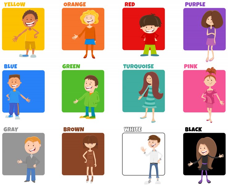 Vetor cores básicas definidas com personagens de desenhos animados crianças