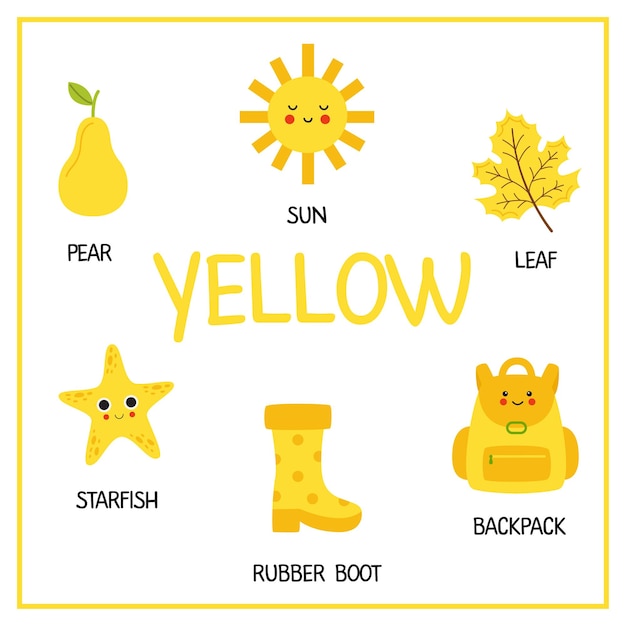 Cores de aprendizagem para crianças objetos amarelos com nomes cor amarela cartão de memória educacional para crianças
