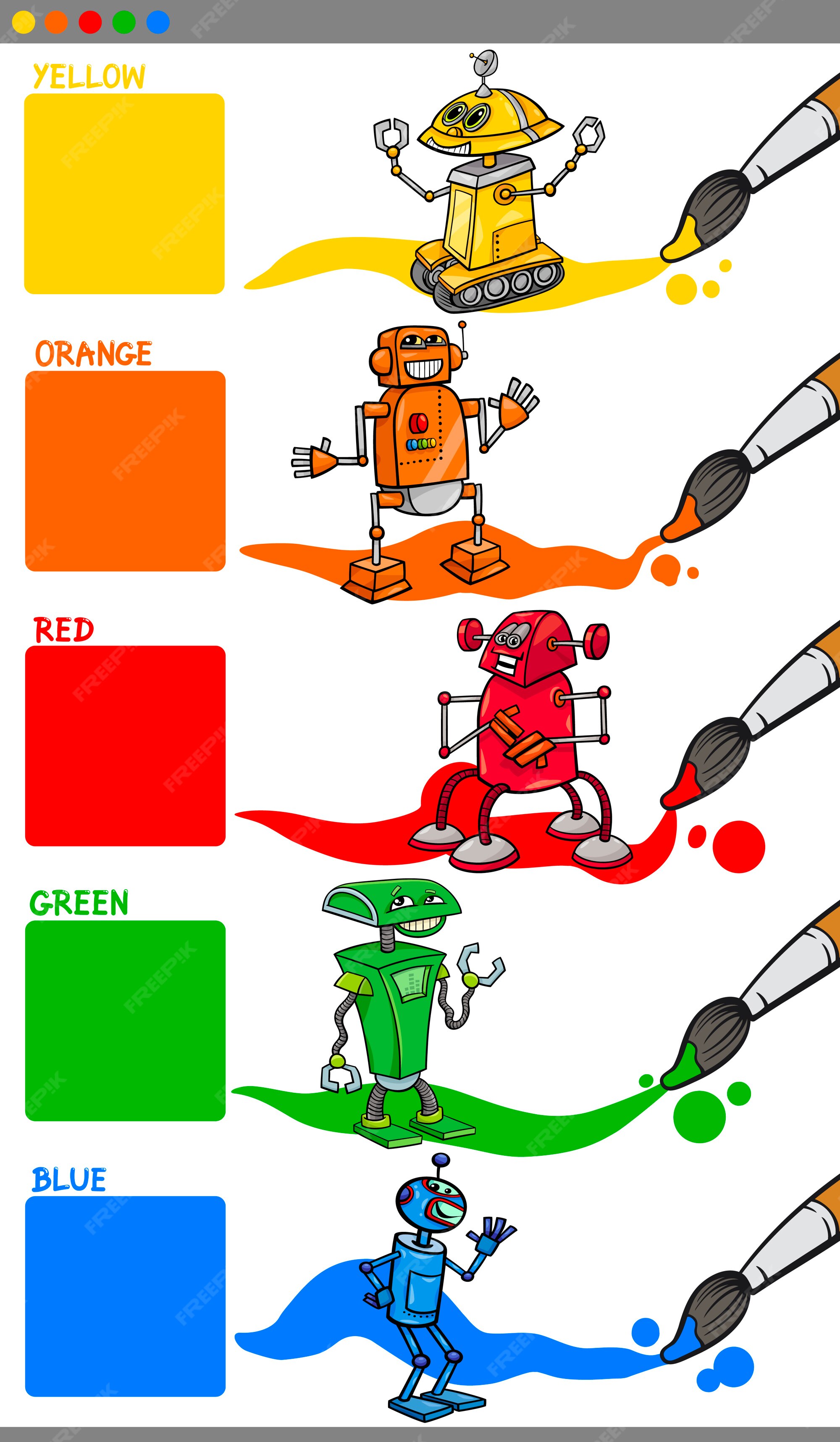 Desenho de cores básicas com conjunto de personagens de robôs para colorir