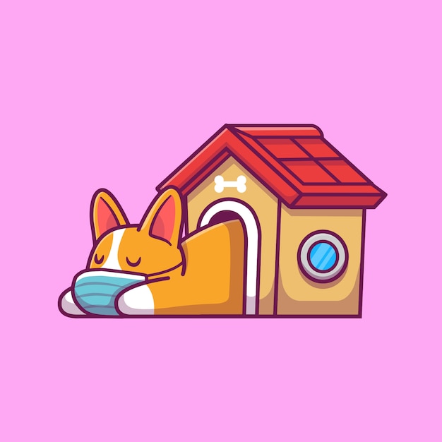 Corgi bonito dormindo na ilustração de casa. personagem de desenho animado de mascote de cachorro. animal isolado