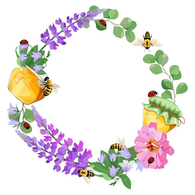 Vetor coroa com flores de mel jarro de mariposas de mel e abelhas
