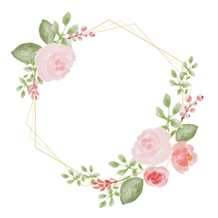 Vetor coroa de buquê de rosas coloridas em aquarela solta e coroa de flores silvestres com moldura de ouro hexagonal