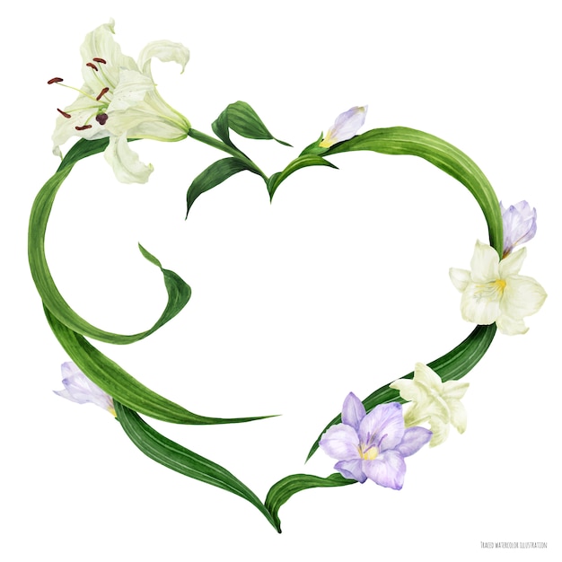 Coroa de coração tropical com lírio branco e frésia violeta