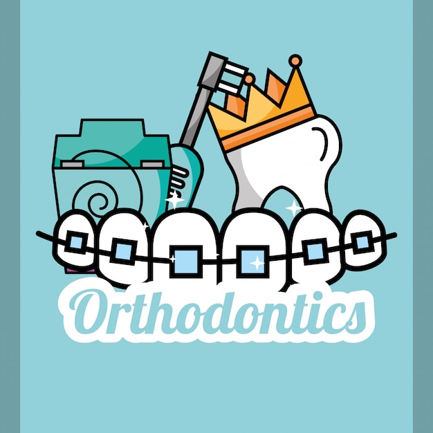 Coroa de dente ortodontia fio dental e escova elétrica